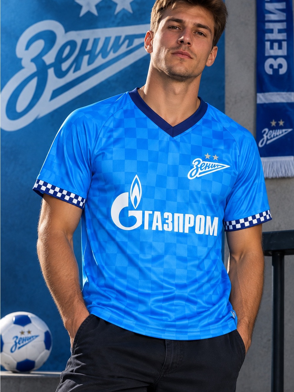 Zenith Blue Short-Sleeve Football Jersey with Gazprom Print